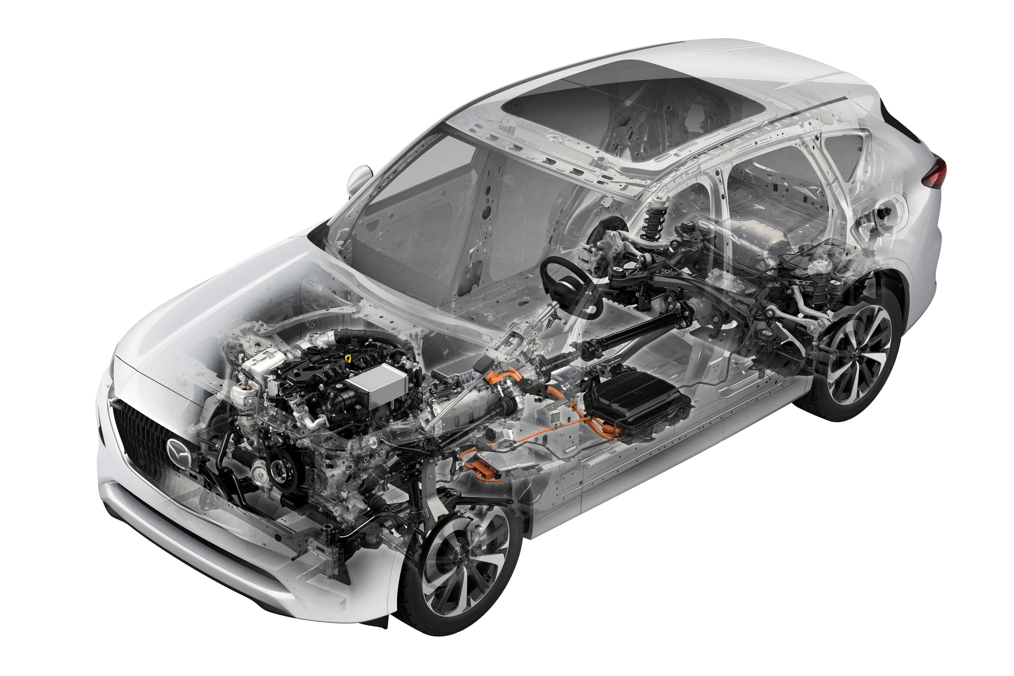 CX-60 đánh dấu lần đầu tiên Mazda ứng dụng nền tảng Skyactiv Multi-Solution Scalable Architecture. Giải pháp này tương thích hơn với công nghệ điện hóa lẫn bố cục động cơ đặt dọc và dẫn động cầu sau - vốn gắn liền với tên tuổi của nhiều hãng xe sang từ Đức như Mercedes-Benz, BMW, Audi. Cabin được đẩy về sát trung tâm chiếc xe, cộng với khung xe được gia cố cứng vững tạo ra một SUV chuyển động cân bằng, chính xác và cung cấp phản hồi chân thực hơn từ mặt đường lên tay lái (Ảnh: Mazda).