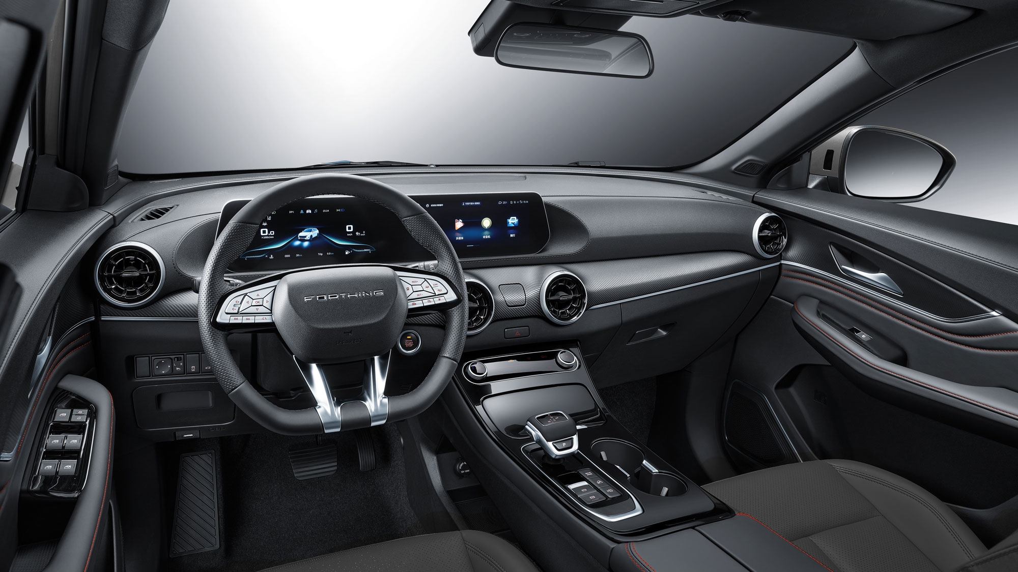 Cụm cửa gió dạng tua-bin tương tự Mercedes-Benz, còn cần số điện tử gợi nhớ đến dòng Audi (Ảnh: Dongfeng Forthing).